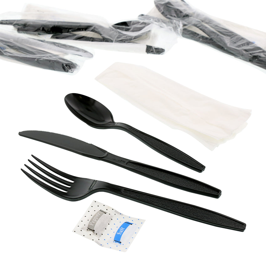 6 in 1 Cutlery Kit, Black, Heavy Weight Polystyrene, Fork, Teaspoon, Knife, Salt And Pepper Packets and 13" x 17" Napkin