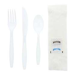 6 in 1 Cutlery Kit, White, Heavy Weight Polystyrene, Fork, Spoon, Knife, Salt And Pepper Packets and 13