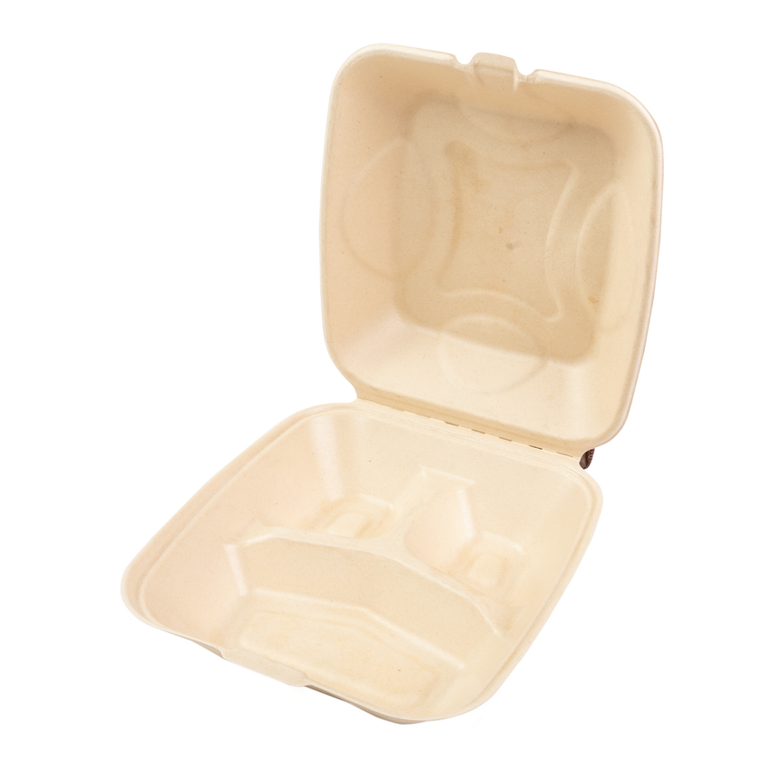 Deep Medium 3 section PLA Lined Hinged Lid NPFA Containers 7.875" x 8" x 3.19", Open