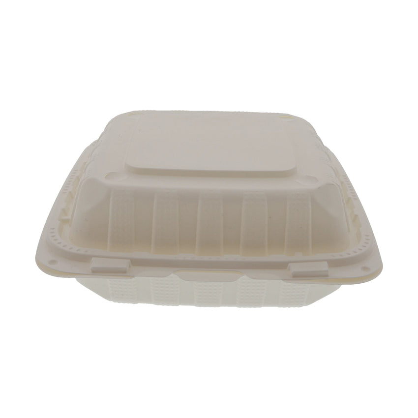 Mineral Filled PP Container, Hinged Lid, 8X8X3, 1 Comp, LW, Vented, White