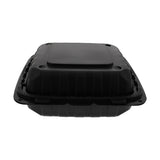 Mineral Filled PP Container, Hinged Lid, 8X8X3, 3 Comp, LW, Vented, Black, front