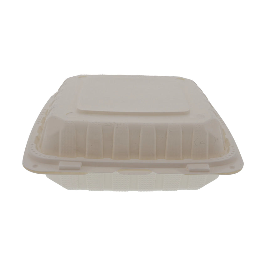 Mineral Filled PP Container, Hinged Lid, 9X9X3, 3 Comp, LW, Vented, White, Closed