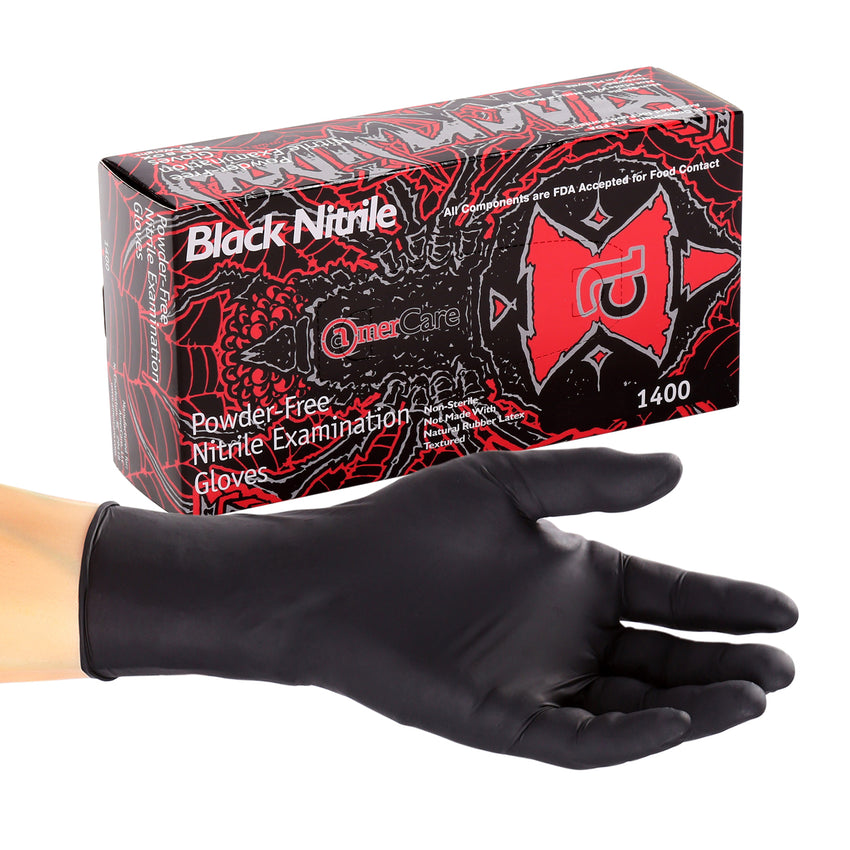 Black Widow Nitrile Gloves, Exam Grade, Powder Free, Glove On Hand