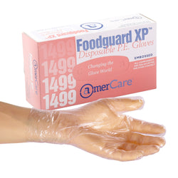 Foodguard XP Poly Gloves, Powder Free, Inner Box Of Gloves and Glove On Hand