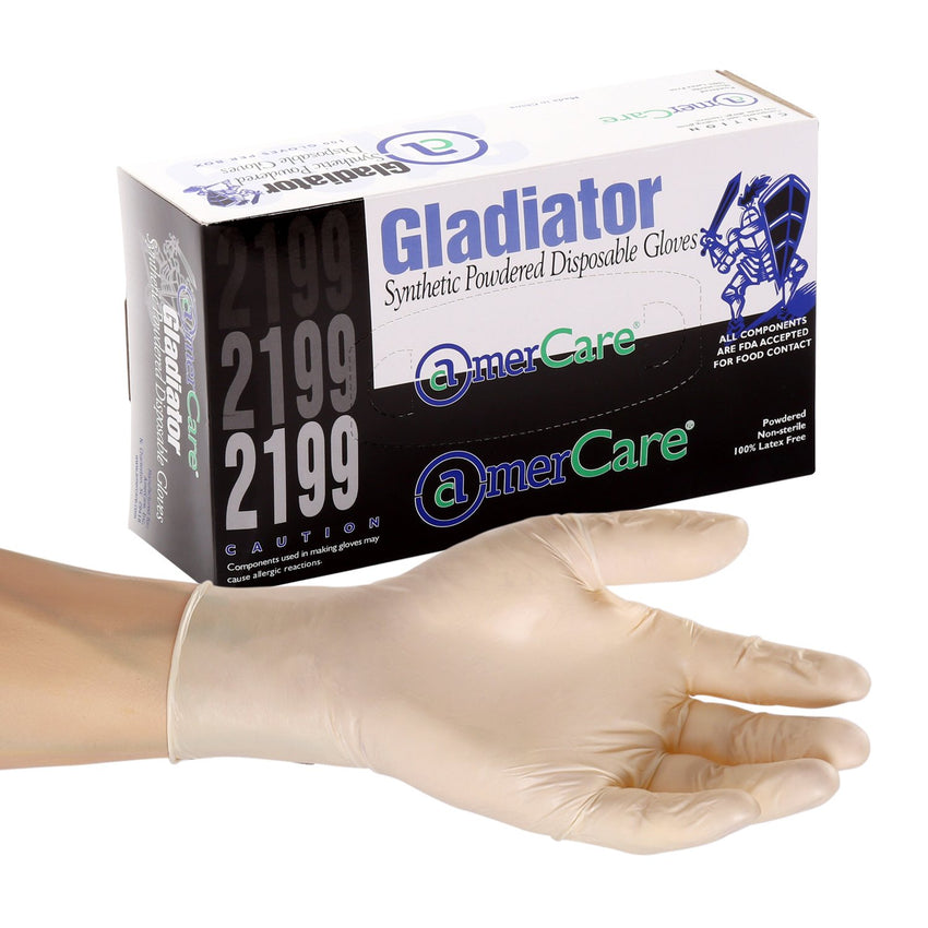 Gladiator Synthetic Stretch Vinyl Gloves, Lightly Powdered, Inner Box Of Gloves and Glove On Hand