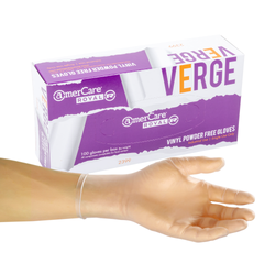 Verge Vinyl Gloves, Powder Free, Inner Box Of Gloves and Glove On Hand