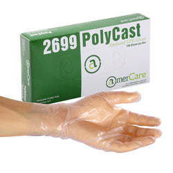 Polycast Embossed Gloves, Powder Free, Inner Box Of Gloves and Glove On Hand