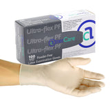 Ultra-Flex Latex Gloves, Exam Grade, Powder Free, Inner Box Of Gloves and Glove On Hand