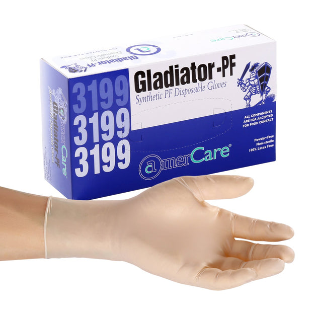 Gladiator Synthetic Stretch Vinyl Gloves, Powder Free, Inner Box Of Gloves and Glove On Hand