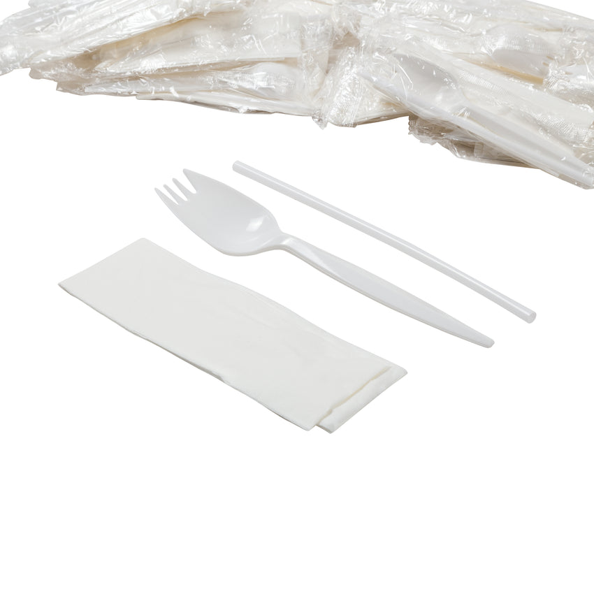 3 in 1 Cutlery Kit, Series P203, White, Medium Weight Polypropylene, Spork, Straw and 10" x 10" Napkin