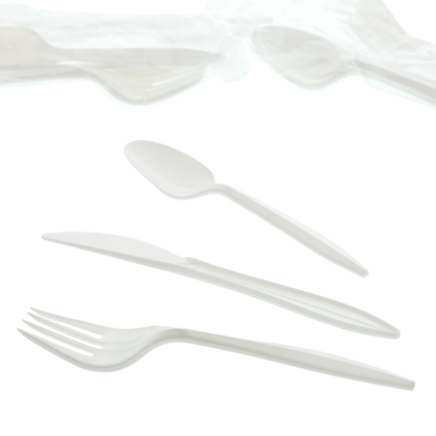 3 in 1 Cutlery Kit, Series P203, White, Medium Weight Polypropylene, Fork, Knife and Spoon