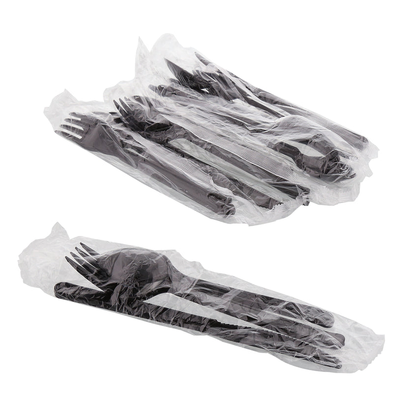 3 in 1 Cutlery Kit, Series P505, Black, Heavy Weight Polypropylene, Wrapped Fork, Knife and Spoon, Group Image