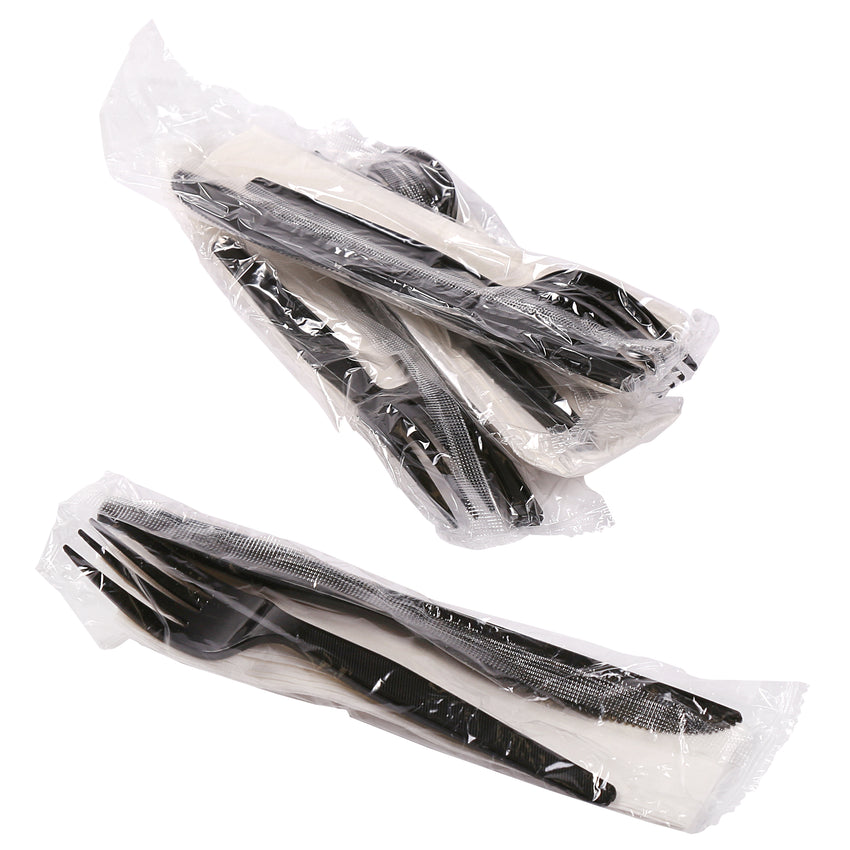 2 in 1 Cutlery Kit, Black, Medium Heavy Weight Polystyrene, Fork, Knife and Napkin, Individually Wrapped