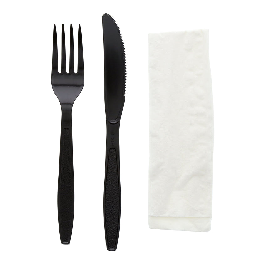 3 in 1 Cutlery Kit, Black, Heavy Weight Polystyrene, Fork, Knife and Napkin