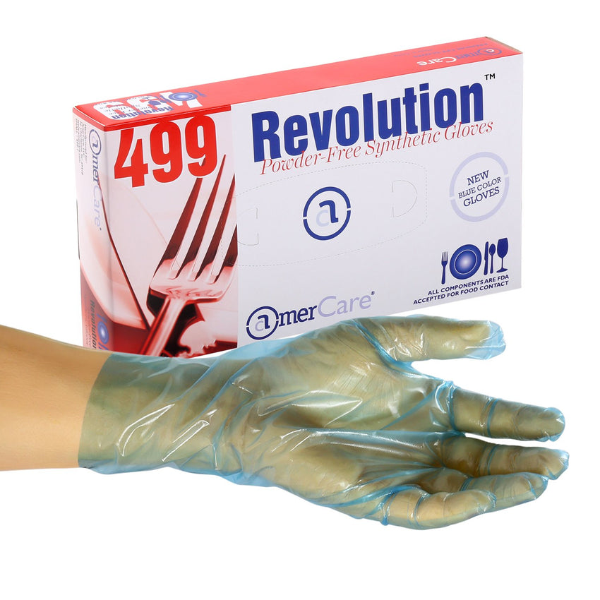 Revolution Blue Cast Poly Gloves, Powder Free, Inner Box Of Gloves and Glove On Hand