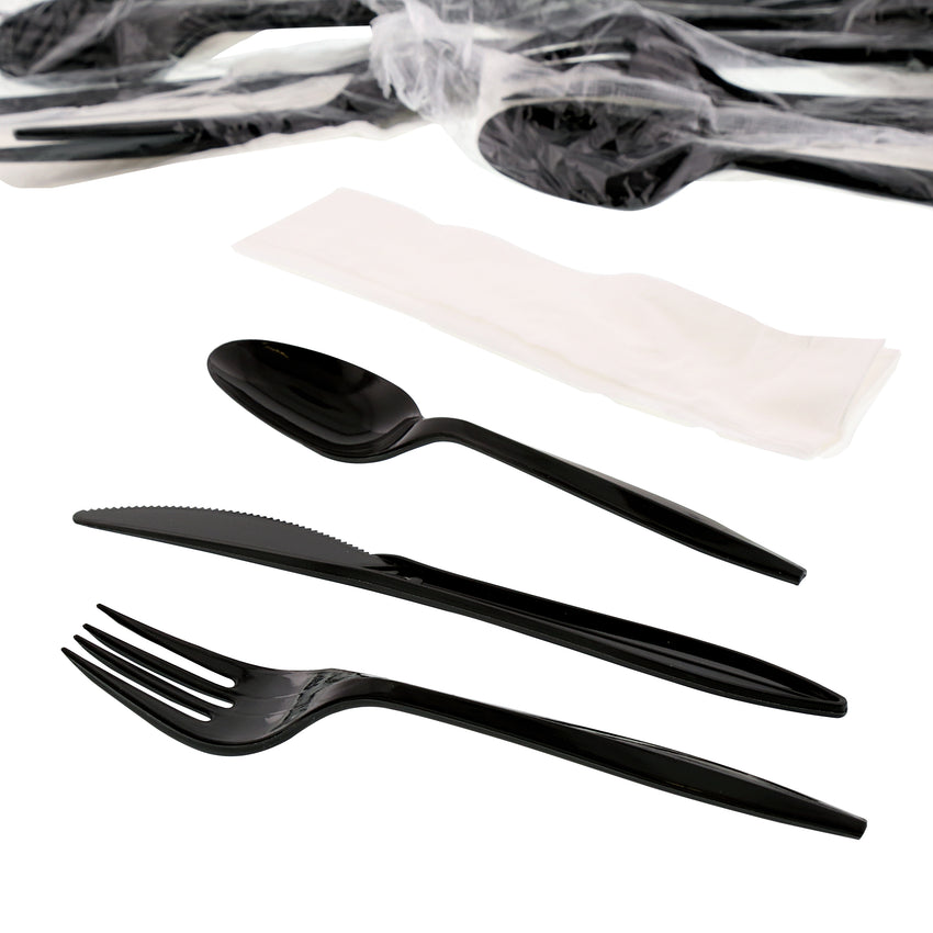 4 in 1 Cutlery Kit, Series P203, Black, Medium Weight Polypropylene, Fork, Knife, Spoon and 12" x 13" Napkin