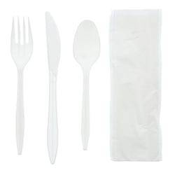 4 in 1 Cutlery Kit, Series P203, White, Medium Weight Polypropylene, Fork, Knife, Spoon and 12