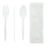 4 in 1 Cutlery Kit, Series P203, White, Medium Weight Polypropylene, Fork, Teaspoon, Straw and 8" x 10" Napkin