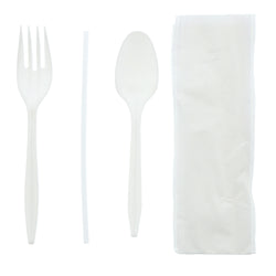 4 in 1 Cutlery Kit, Series P203, White, Medium Weight Polypropylene, Fork, Teaspoon, Straw and 8