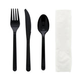 3 in 1 Cutlery Kit, Black, Medium Weight Polypropylene, Fork, Knife, Spoon and Napkin