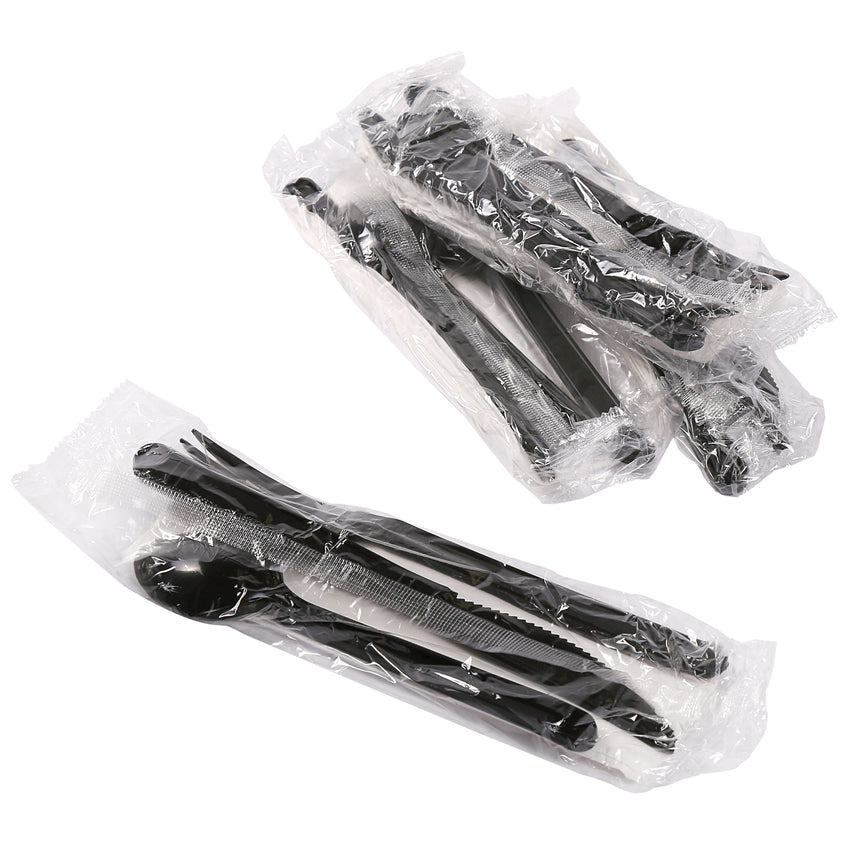 4 in 1 Cutlery Kit, Black, Heavy Weight Polypropylene, Fork, Knife, Spoon and Napkin, Individually Wrapped