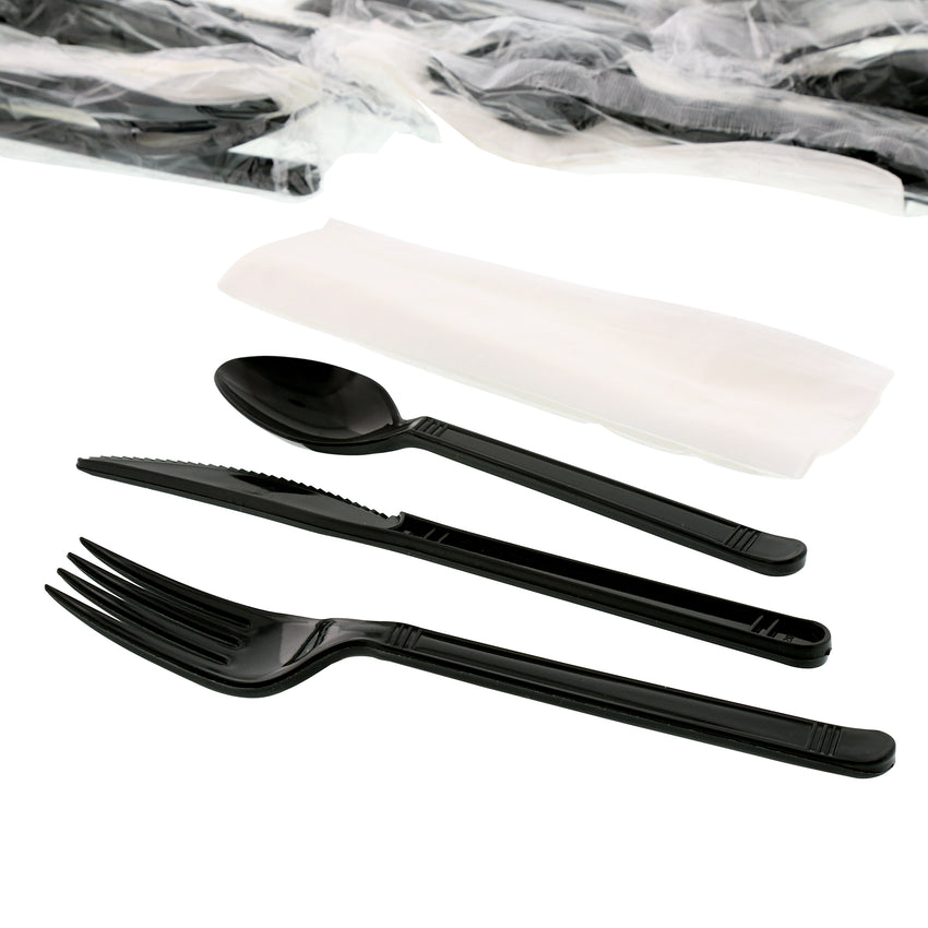 4 in 1 Cutlery Kit, Black, Heavy Weight Polypropylene, Fork, Knife, Spoon and Napkin