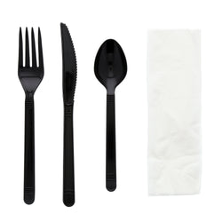 4 in 1 Cutlery Kit, Black, Heavy Weight Polypropylene, Fork, Knife, Spoon and Napkin
