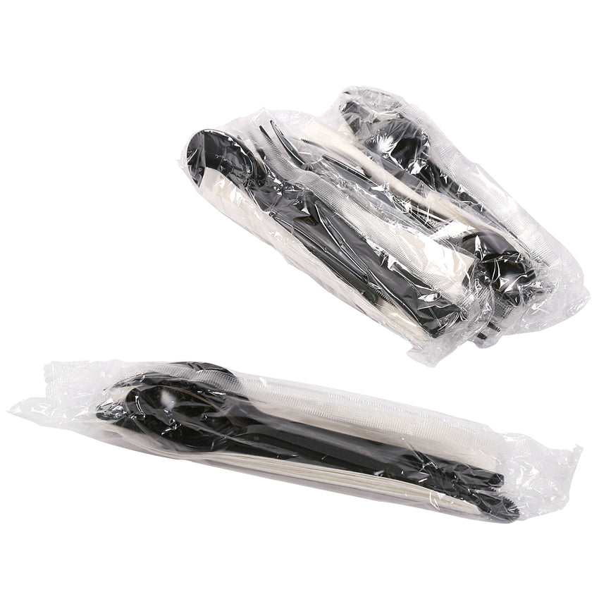 4 in 1 Cutlery Kit, Black, Heavy Weight Polystyrene, Fork, Knife, Soup Spoon and Napkin, Individually Wrapped