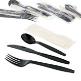 4 in 1 Cutlery Kit, Black, Heavy Weight Polystyrene, Fork, Knife, Soup Spoon and Napkin