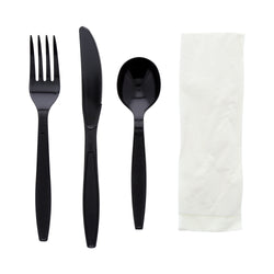 4 in 1 Cutlery Kit, Black, Heavy Weight Polystyrene, Fork, Knife, Soup Spoon and Napkin