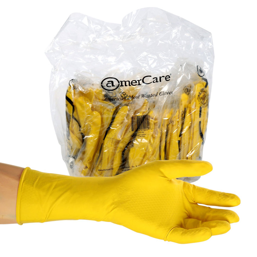 Neptune Yellow Latex Gloves, Flock Lined, Powder Free, Inner Package Of Gloves and Glove On Hand