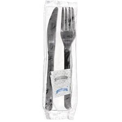 5 in 1 Cutlery Kit, Black, Heavy Weight Polypropylene, Fork, Knife, Salt and Pepper Packets and Napkin, Individually Wrapped
