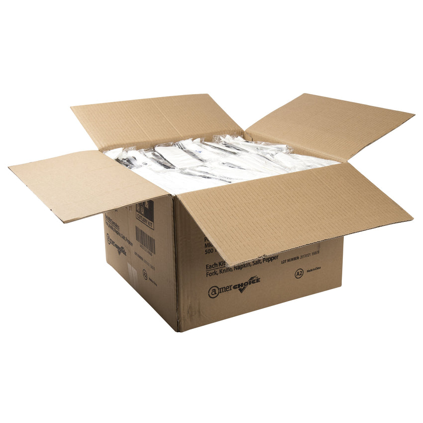 5 in 1 Cutlery Kit, Black, Medium Heavy Weight Polystyrene, Fork, Knife, Salt and Pepper Packets and Napkin, Open Case