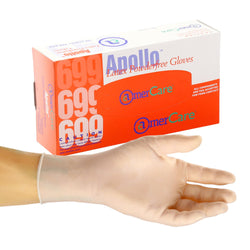 Apollo Latex Gloves, Powder Free, Inner Box Of Gloves and Glove On Hand
