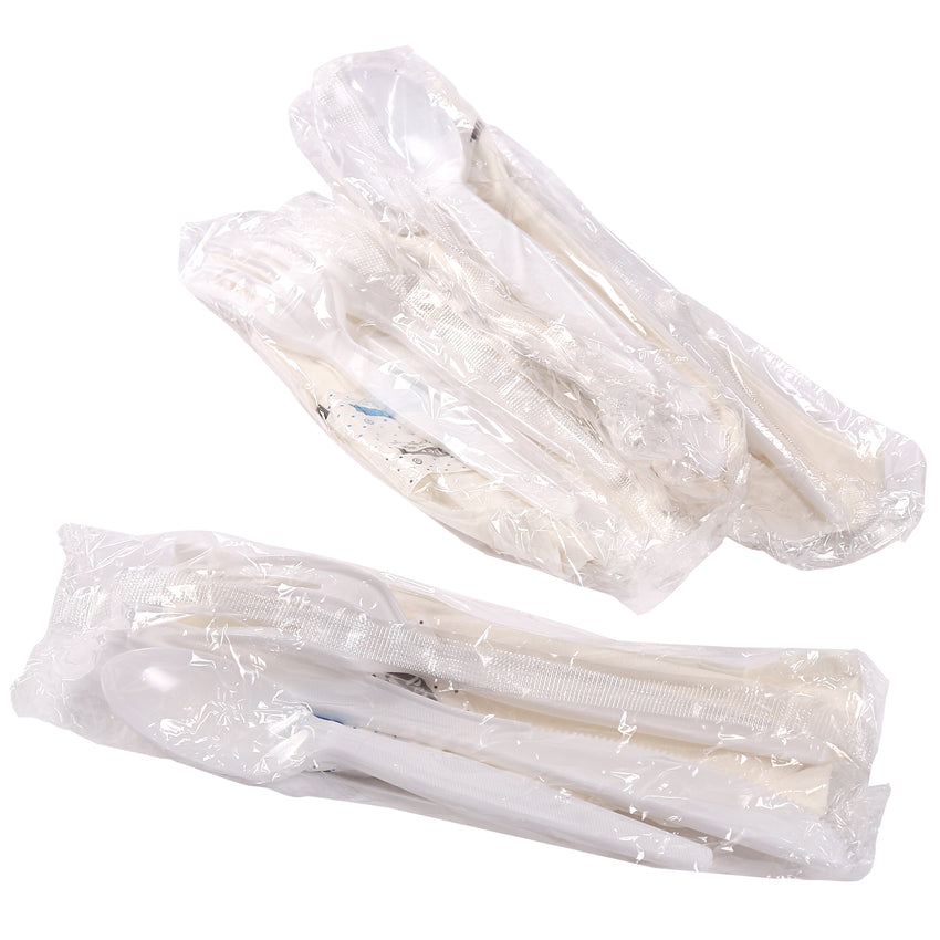 6 in 1 Cutlery Kit,  White, Medium Heavy Weight Polystyrene, Fork, Teaspoon, Knife, Salt And Pepper Packets and Napkin