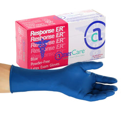 Response ER Latex Gloves, Exam Grade, Powder Free, Inner Box Of Gloves and Glove On Hand