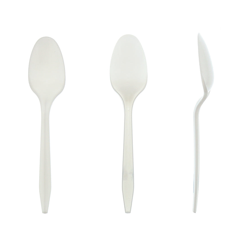 White Polypropylene Teaspoon, Medium Weight, Front, Back and Side View