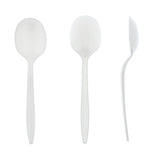 White Polypropylene Soup Spoon, Medium Weight, Front, Back and Side view