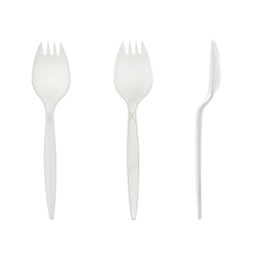 White Polypropylene Spork, Medium Weight, Front, Back and Side View