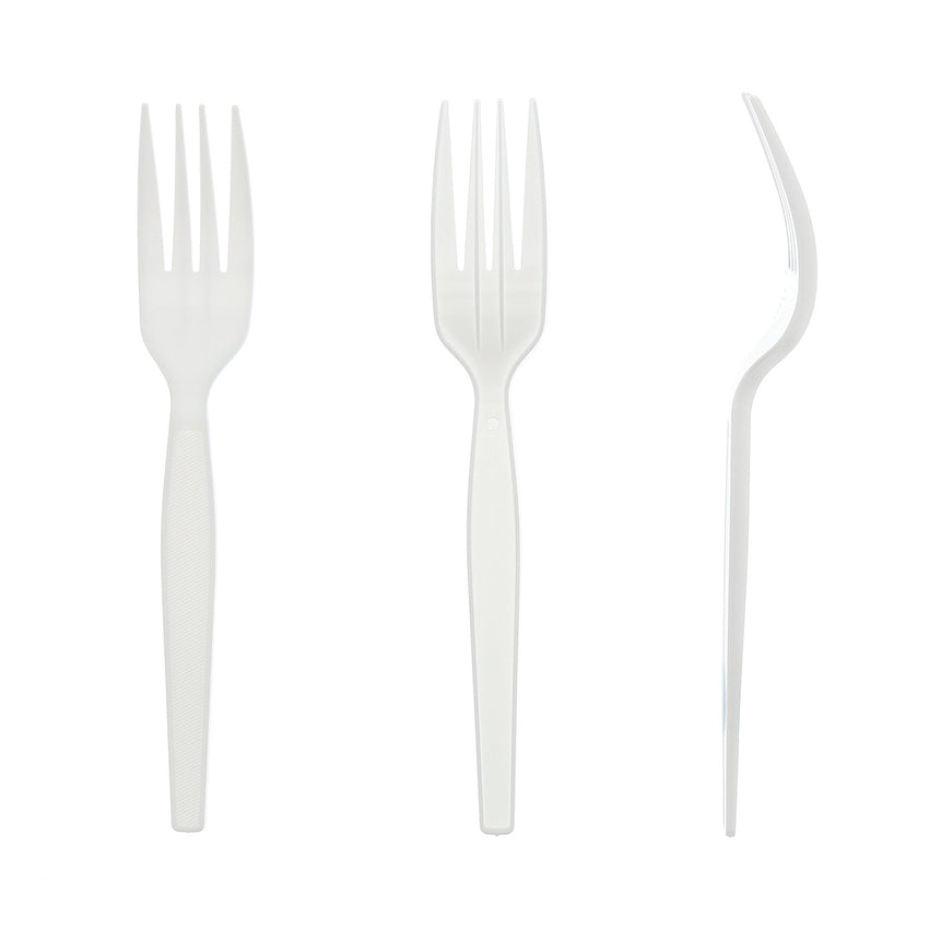 White Polystyrene Fork, Medium Heavy Weight, Front, Back and Side View