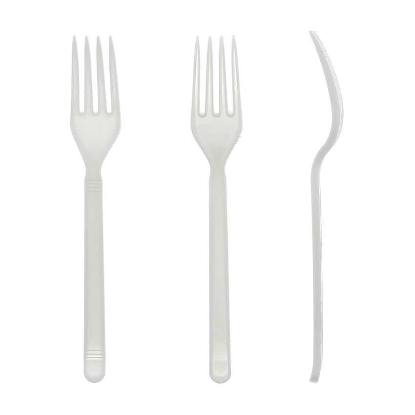 White Polypropylene Fork, Heavy Weight, Front, Back, and Side View