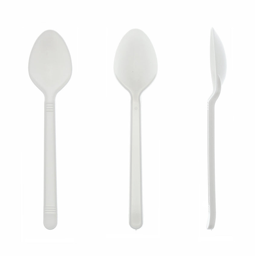 White Polypropylene Teaspoon, Heavy Weight, Front, Side and Back View
