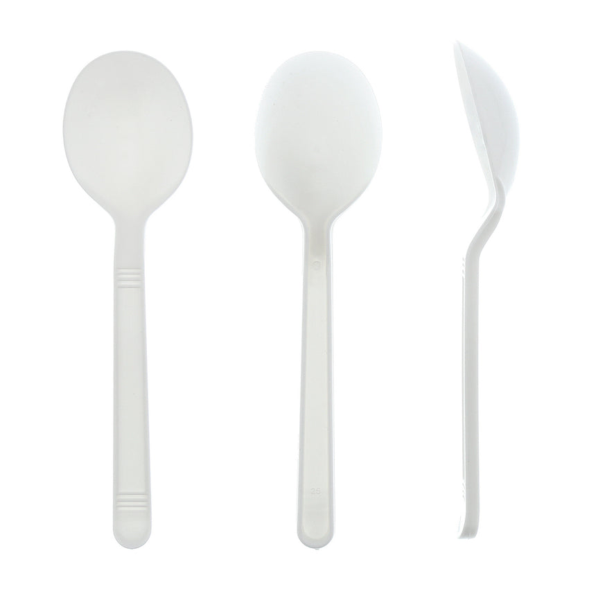 White Polypropylene Soup Spoon, Heavy Weight, Individually Wrapped, Unwrapped Front, Back and Side View