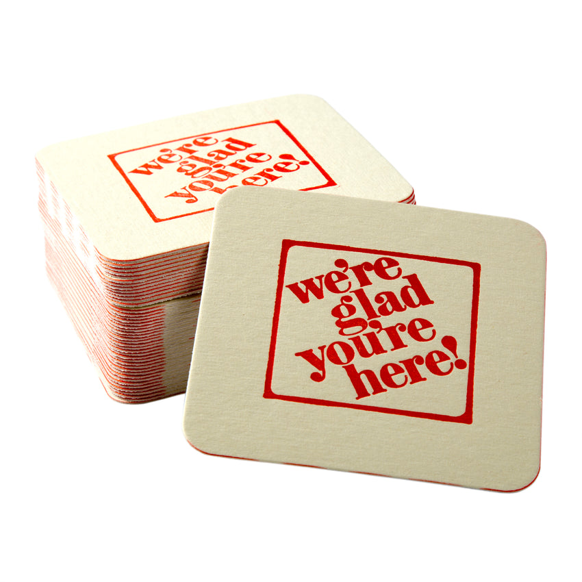3-1/2" Pulp Board Square Beer Coasters, 35 PT, Individual Coaster In Front Of A Pile Of Coasters