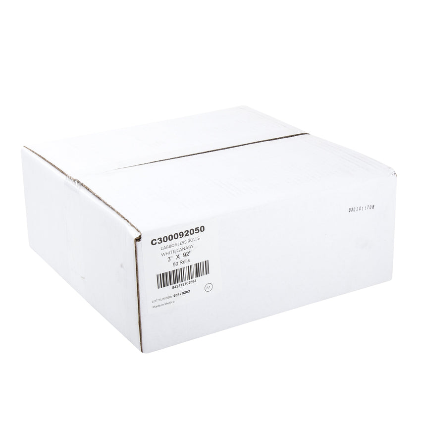 Carbonless Rolls, White-Canary, 3" x 92', with 7/16" ID Core, Closed Case