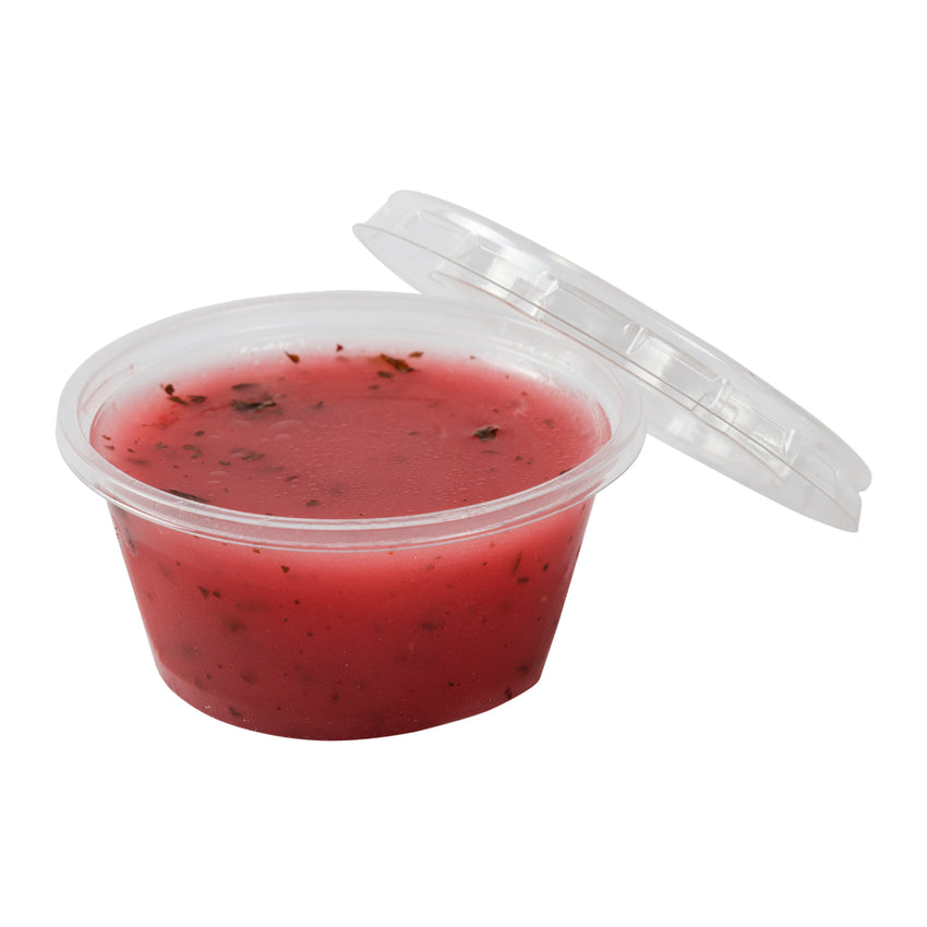 2 OZ COMPOSTABLE CLEAR PLA PORTION CUP, Cup and Lid With Food Content