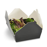 Black Folded Takeout Box, 7-3/4" x 5-1/2" x 1-7/8", Open Box With Food Content