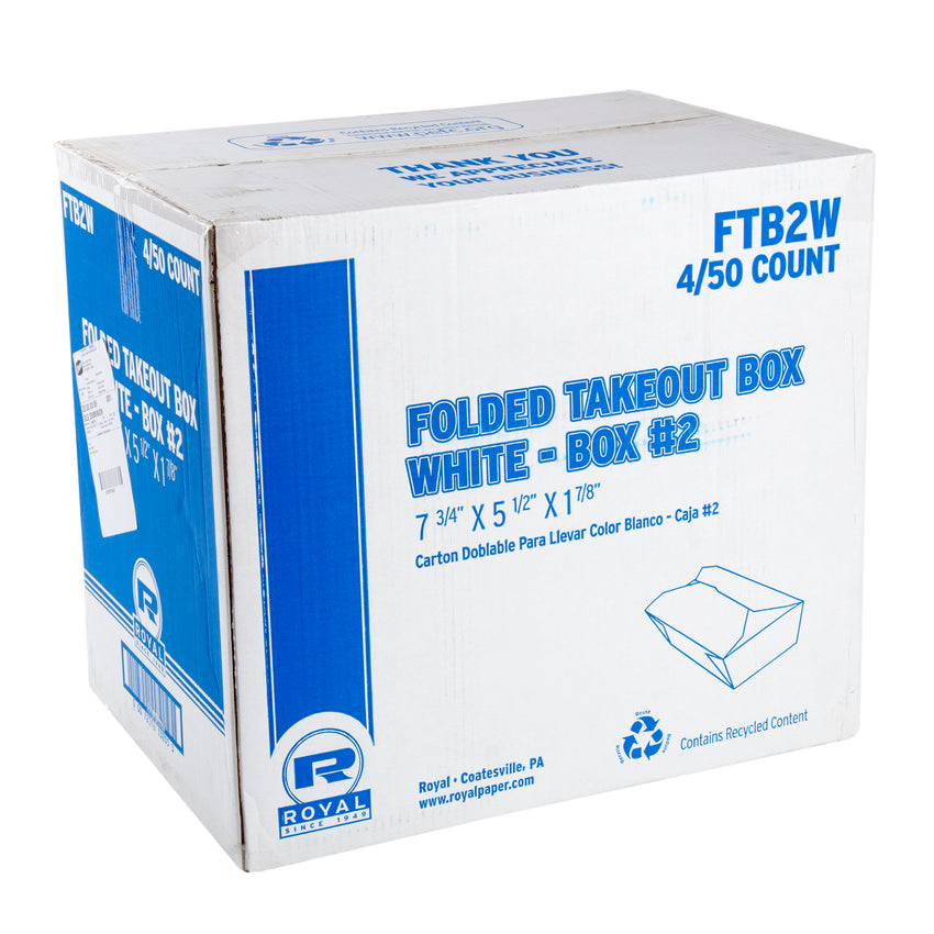 White Folded Takeout Box, 7-3/4" x 5-1/2" x 1-7/8", Closed Case