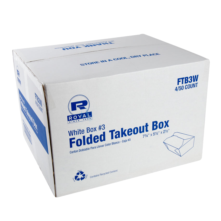 White Folded Takeout Box, 7-3/4" x 5-1/2" x 2-1/2", Closed Case