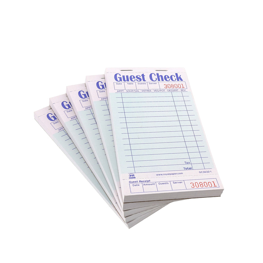 Green Guest Check 1-Part Booked, 15 lines, Pile of Five Guest Checks